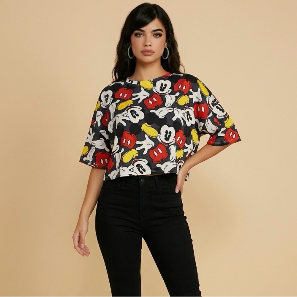Disney Black Cropped Tee with Red, Yellow & White Mickey Print
